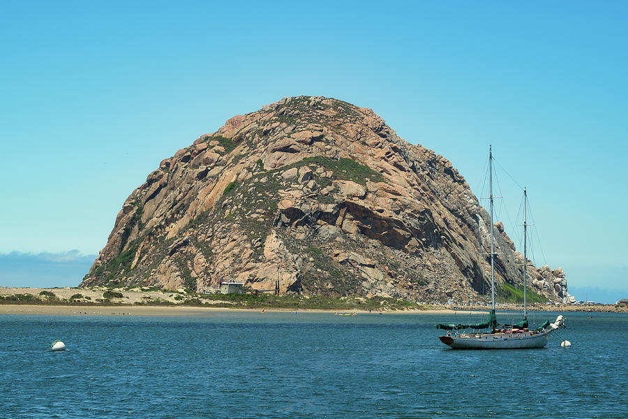 Morro Bay Harbor with Boat and Morro Rock Photograph by Matthew DeGrushe