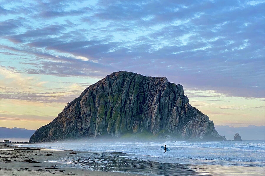 Morro Rock Beach WIth Surfer Photograph by Matthew DeGrushe