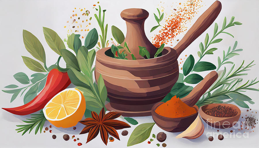 Mortar And Pestle With Herbs And Freshly Ground Spices Digital Art