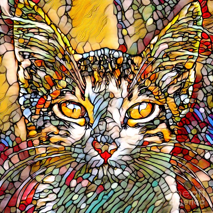 Mosaic Cat 697 Multicolor Stained Glass Style - art by Lucie Dumas Mixed Media by Lucie Dumas