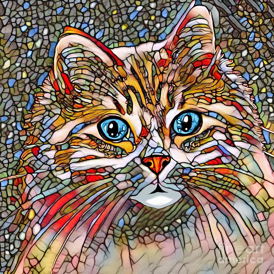 Mosaic Cat 699 Multicolor Stained Glass Style - Art By Lucie Dumas 