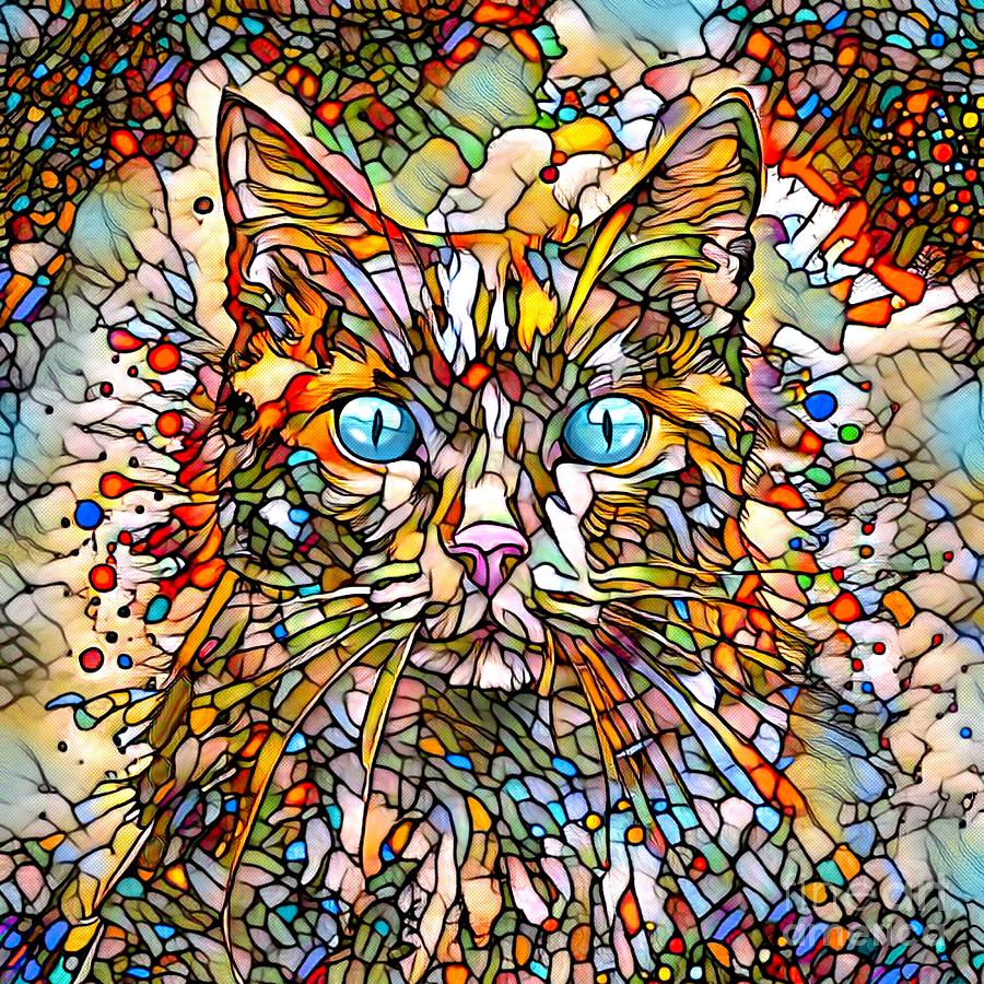 Mosaic Cat 704 Multicolor Stained Glass style - art by Lucie Dumas Mixed Media by Lucie Dumas