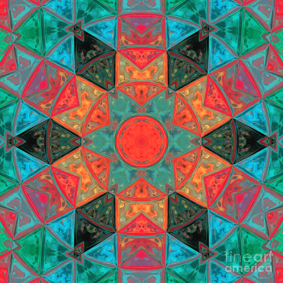 Abstract Digital Art - Mosaic Kaleidoscope Flower Blue Teal and Red by Todd Emery