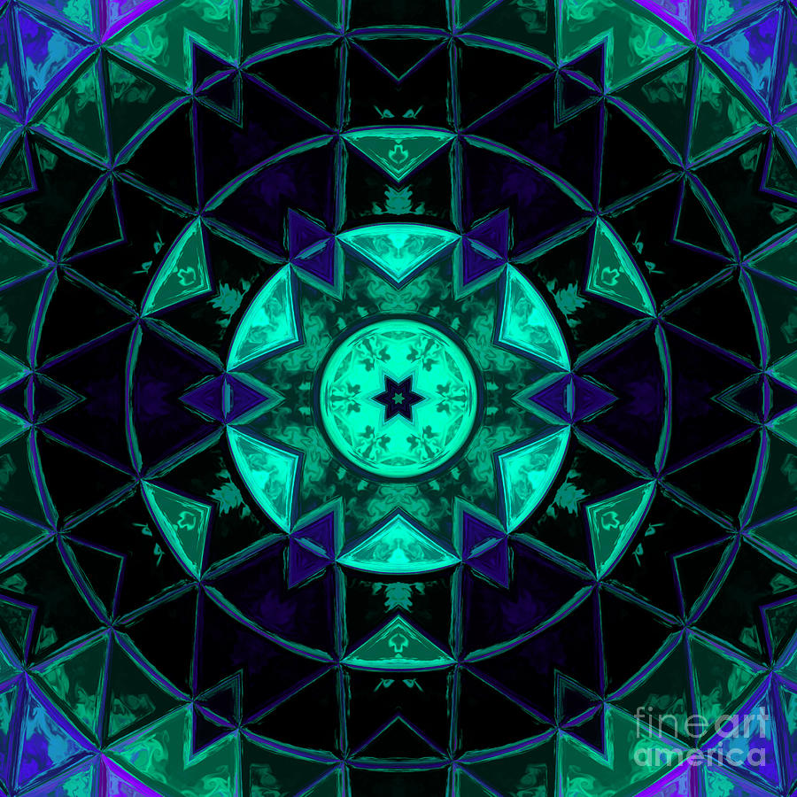 Abstract Digital Art - Mosaic Kaleidoscope Flower Teal Black and Blue by Todd Emery