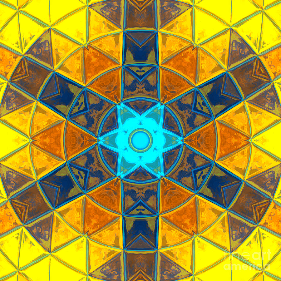 Abstract Digital Art - Mosaic Kaleidoscope Flower Yellow and Blue by Todd Emery