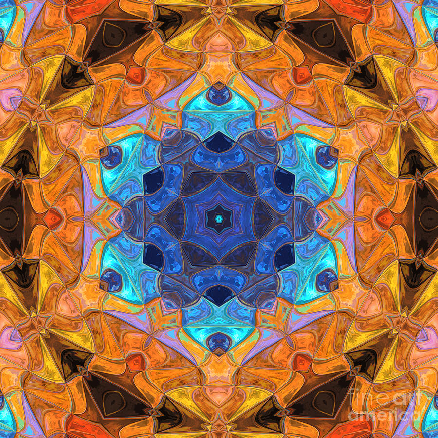 Abstract Digital Art - Mosaic Mandala Flower Blue and Orange by Todd Emery