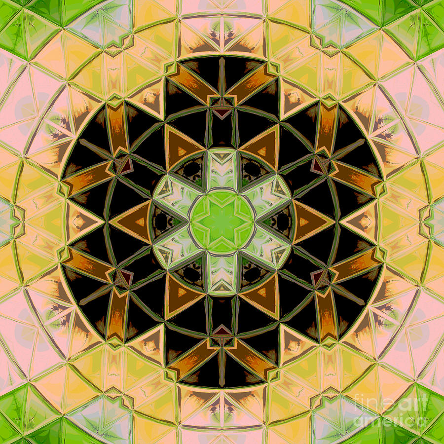 Abstract Digital Art - Mosaic Mandala Flower Green Yellow and Black by Todd Emery