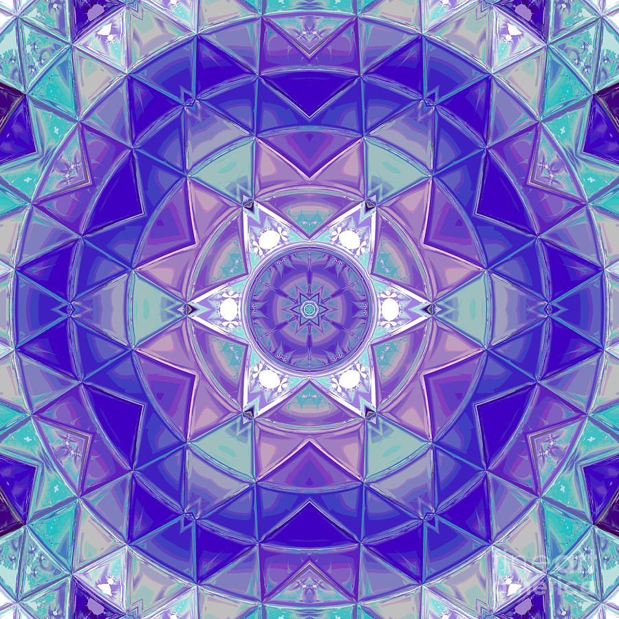 Abstract Digital Art - Mosaic Mandala Flower Purple Blue and White by Todd Emery