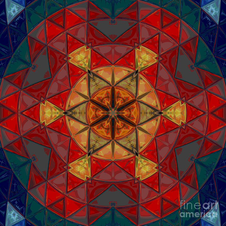 Abstract Digital Art - Mosaic Mandala Flower Red Blue and Yellow by Todd Emery