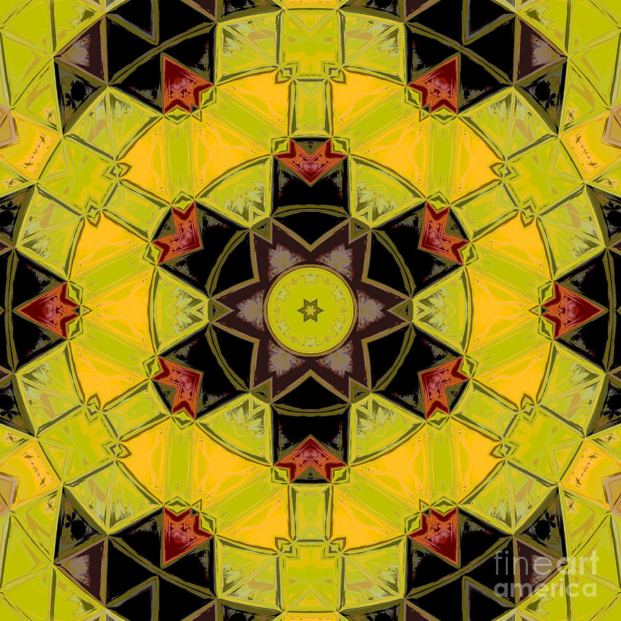 Abstract Digital Art - Mosaic Mandala Flower Yellow Green Red and Black by Todd Emery