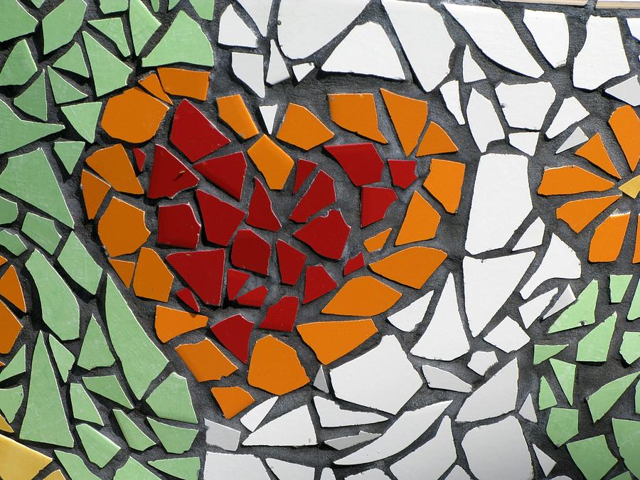 Mosaic of a red and orange heart on green and white tile Photograph by Fotolinchen