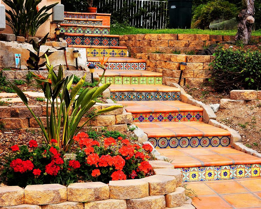 Mosaic Stairs And Flowers Photograph by Andrew Lawrence