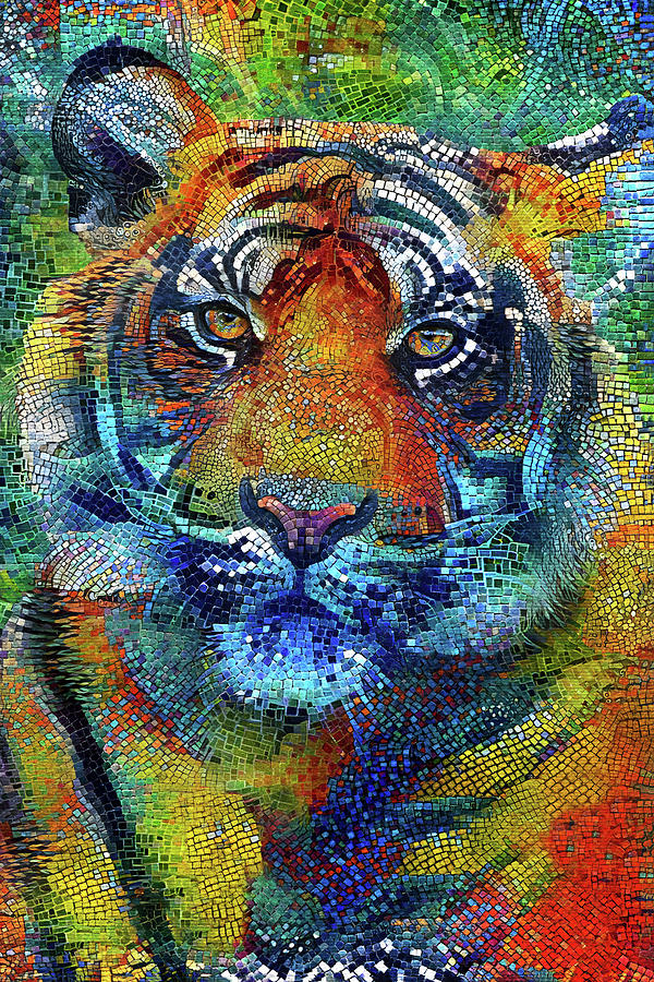 Mosaic Tiger Portrait Mixed Media by Peggy Collins