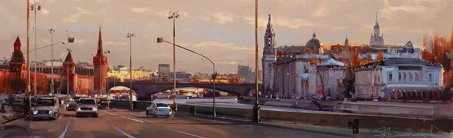 Moscow Lyrics. An Orange Cat Is Walking Across The Bridge. Kremlin Embankment Painting