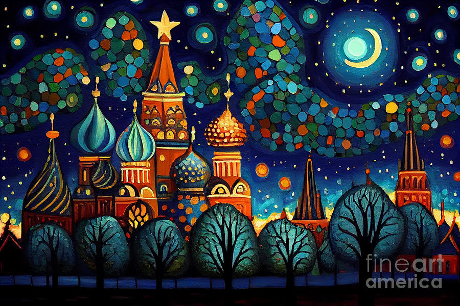 Moscow  Starry  Night  oil  painting  in  the  style  by Asar Studios Digital Art by Celestial Images
