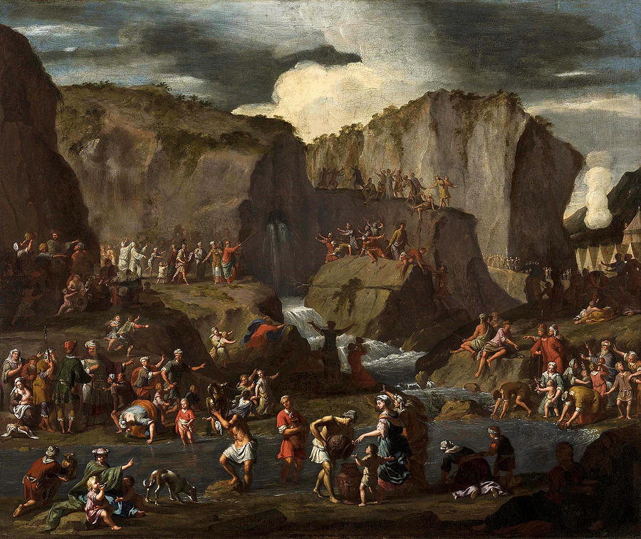 Moses strikes water from the stone Painting by Krzysztof Lubieniecki