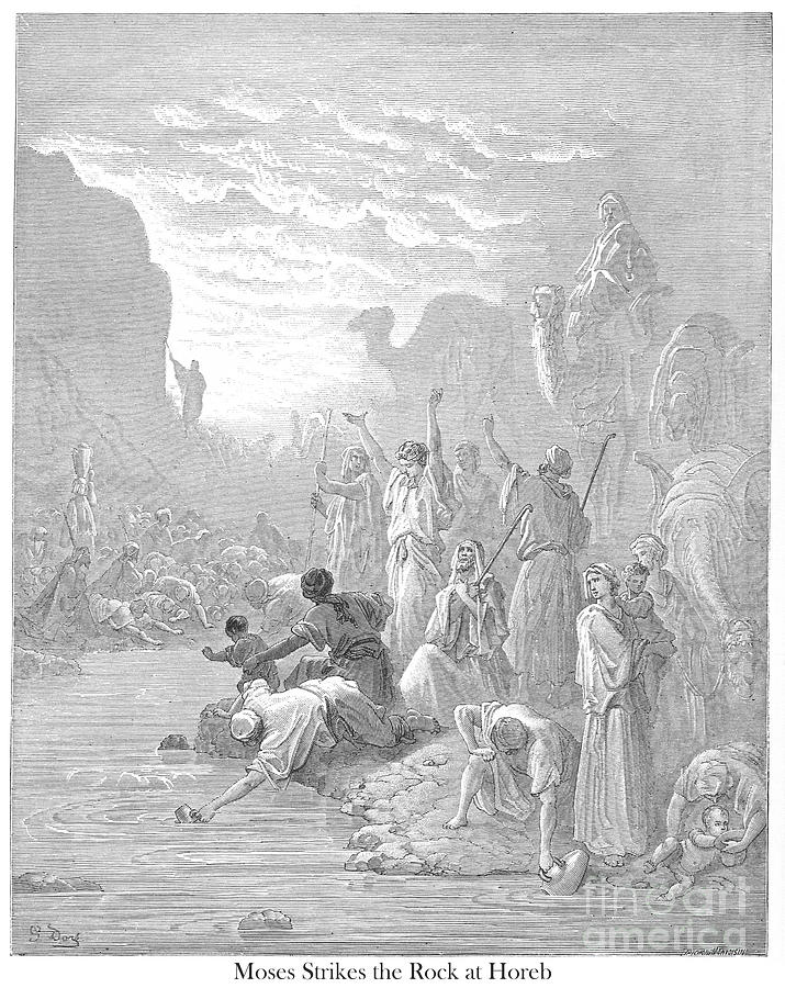 Moses Striking the Rock in Horeb by Gustave Dore v2 Drawing by Historic illustrations
