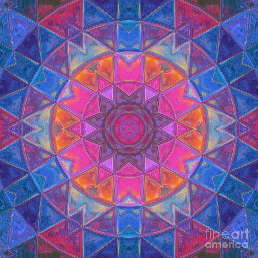 Abstract Digital Art - Mosaic Kaleidoscope Flower Pink Yellow and Blue #1 by Todd Emery
