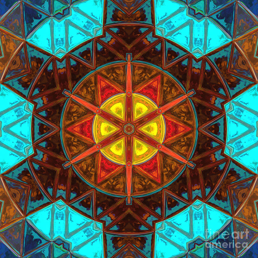 Abstract Digital Art - Mosaic Kaleidoscope Flower Yellow Orange and Blue by Todd Emery