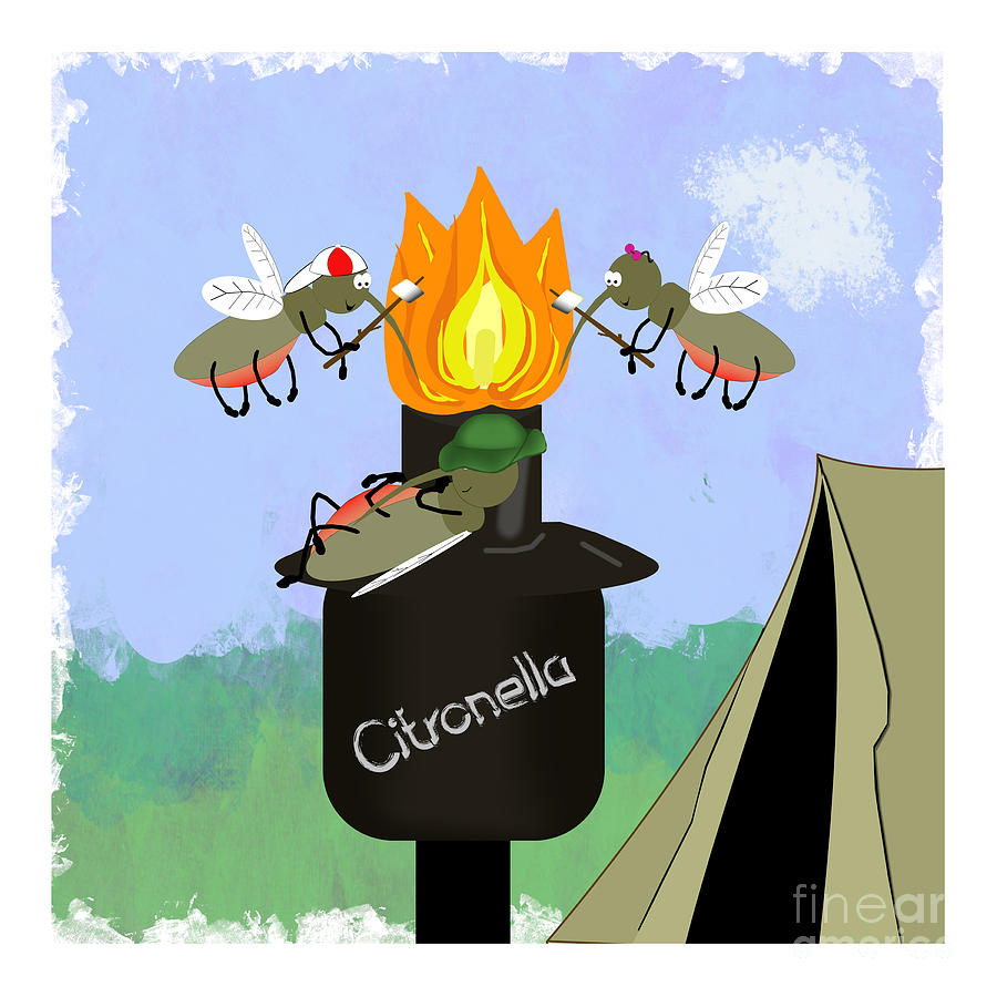 Mosquito Family Camping by Tiki Torch Cartoon Digital Art by Colleen Cornelius