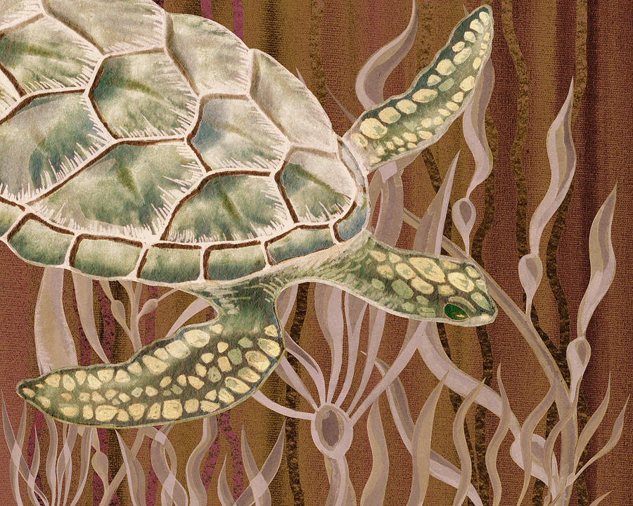 Moss Green And Beige Watercolor Turtle With Seaweed  Painting by Irina Sztukowski