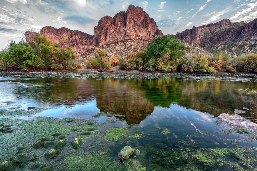 Mossy Salt River and Goldfield Mountains Photograph by Dave Dilli