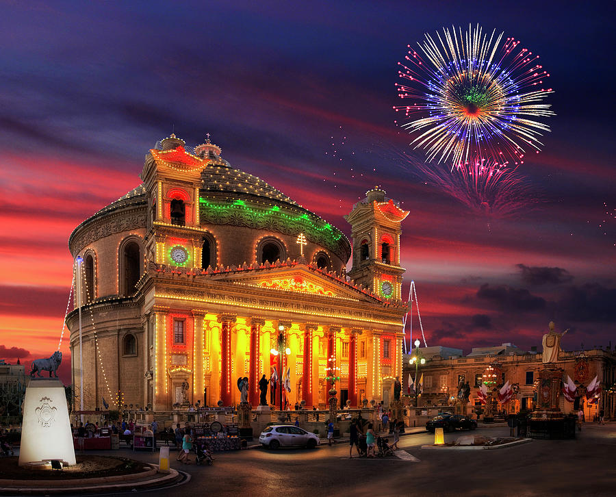 Mosta Dome church at sunset with fireworks - Cityscape photo Photograph by Stephan Grixti