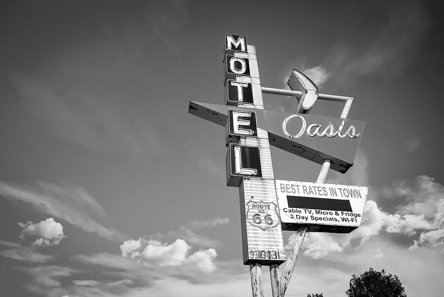 Motel Oasis Morning Along Tulsa Oklahoma Route 66 - Black and White Photograph by Gregory Ballos