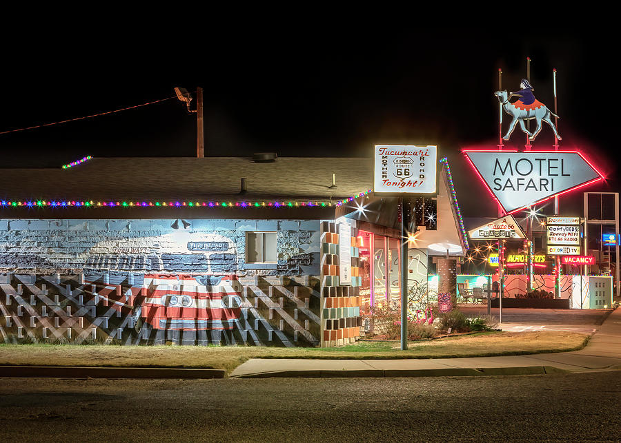 Motel Safari - Bus Mural at Night Photograph by Susan Rissi Tregoning