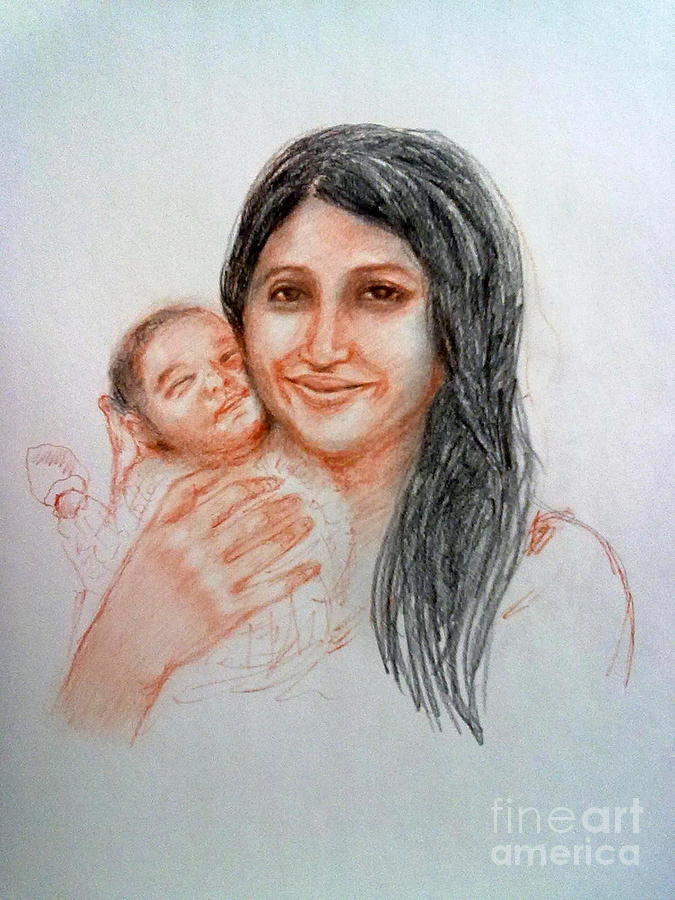 Mother and baby Painting by Asha Sudhaker Shenoy