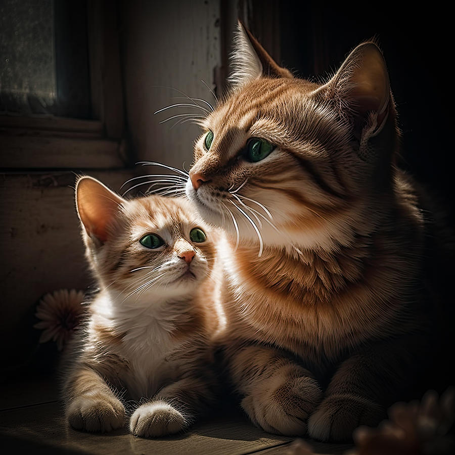 Mother and Baby - Ginger Cats Digital Art by Lily Malor