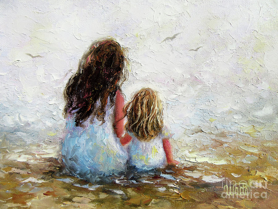 Mother and Blonde Daughter Beach Chat Painting by Vickie Wade