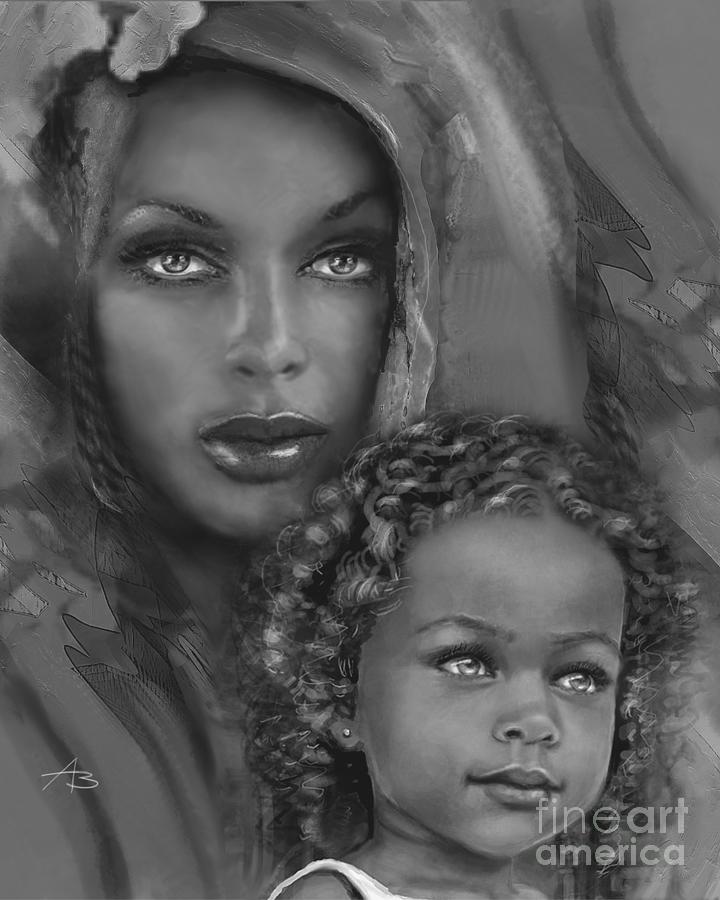 Mother And Child BW Painting by Angie Braun