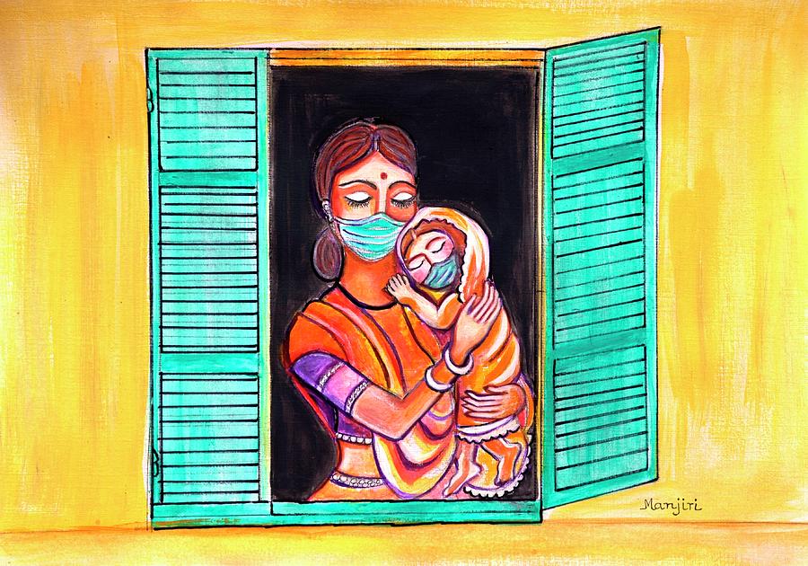 Mother and child window to the world art corona pandemic Painting by Manjiri Kanvinde
