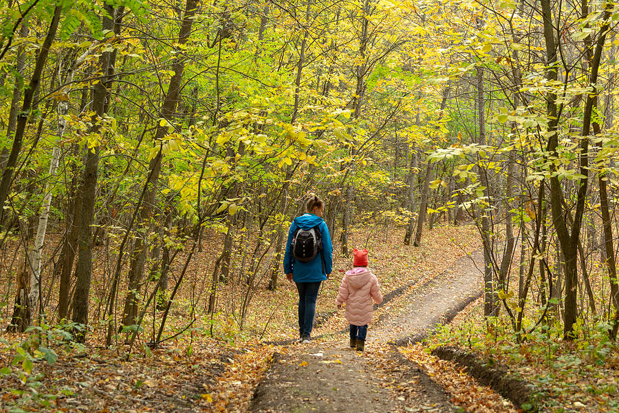 Mother and daughter are walking in the autumn forest Photograph by Andrey_Chuzhinov
