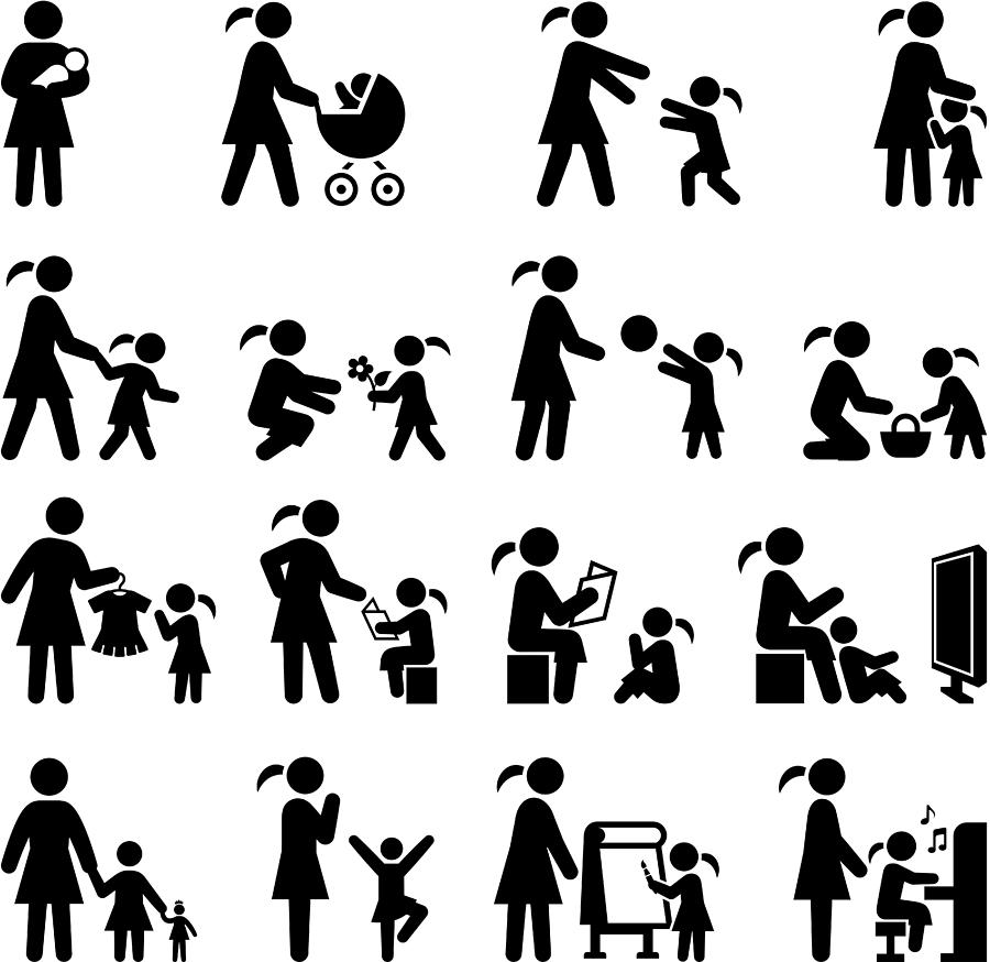 Mother and Daughter family time black & white icon set Drawing by Bubaone
