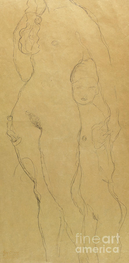 Mother and Daughter pencil on paper by Klimt Drawing by Gustav Klimt