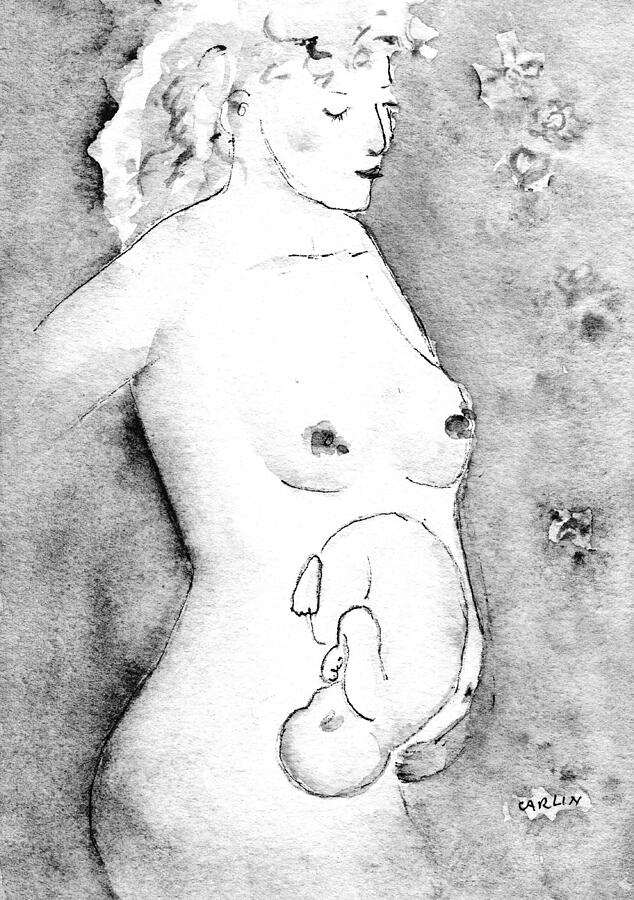 Mother and Fetus Black and White Painting by Carlin Blahnik CarlinArtWatercolor