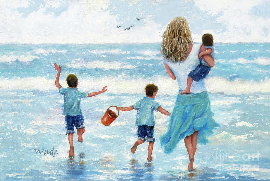 Three Sons Painting - Mother and Three Beach Boys Blond Mom by Vickie Wade