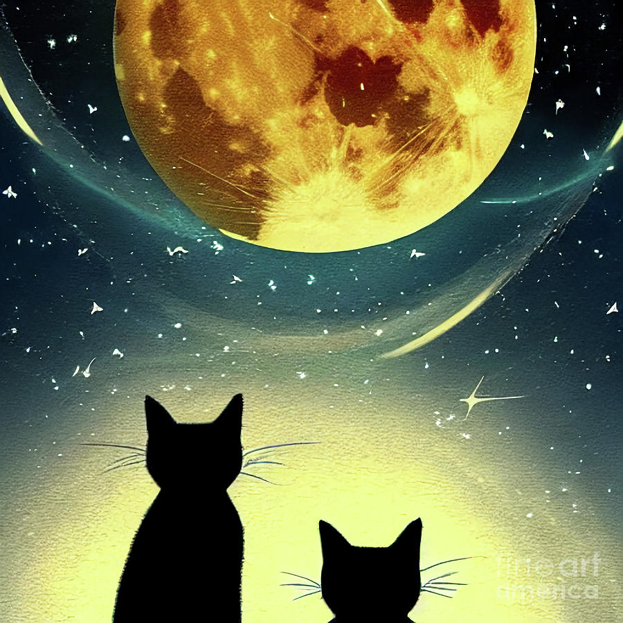 Mother Cat And Kitten Under The Full Moon Digital Art