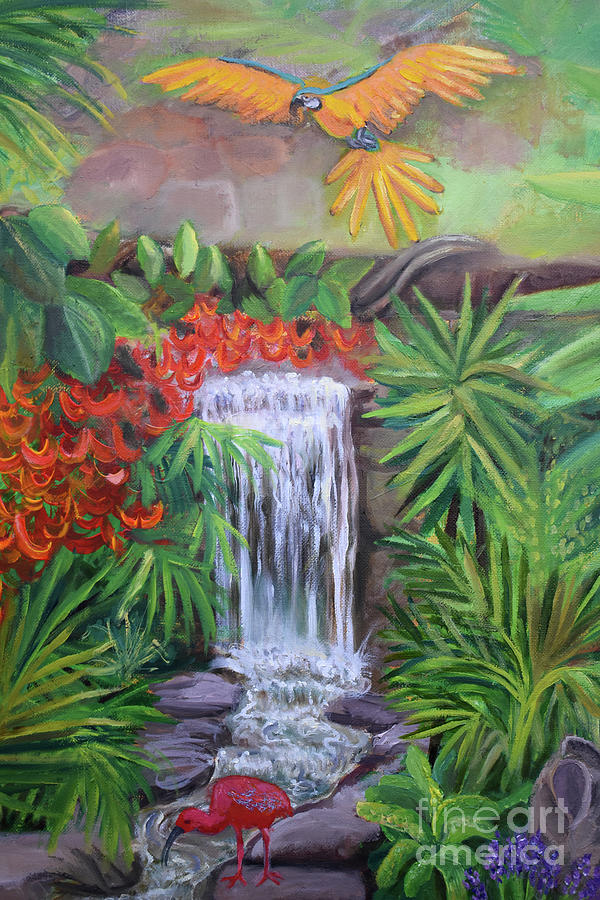 Parrot Painting - Mother Earth Parrot and Waterfall detail by Anne Cameron Cutri