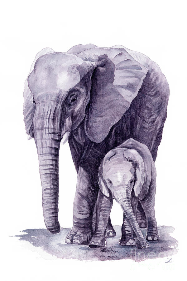 Mother Elephant With Her Calf Painting by Zaira Dzhaubaeva