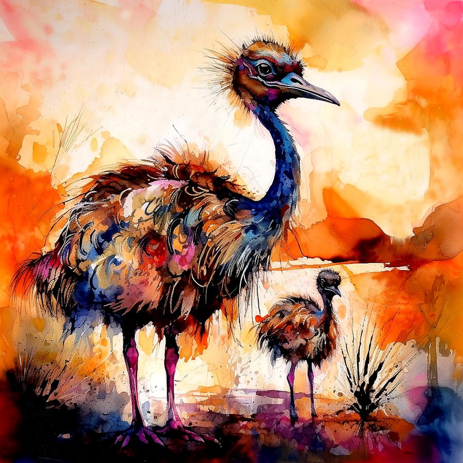 Emu Digital Art - Mother Emu and Chick in Australian Outback by Patricia Keith