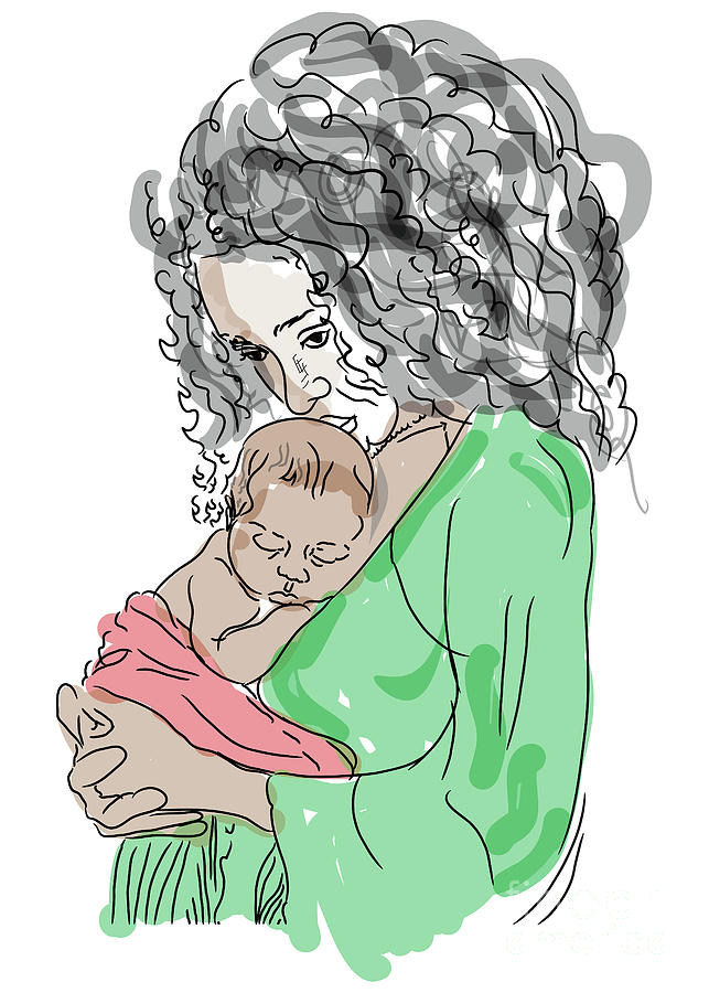 Young mother holding a cute baby in her arms Sketch with a line in color  Vector illustration of a mother holding her little daughter in her arms  Happy Mothers Day greeting card
