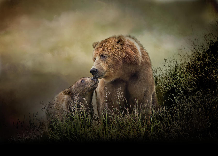 Motherhood - Grizzly Bears In Brown Green Colors Digital Art