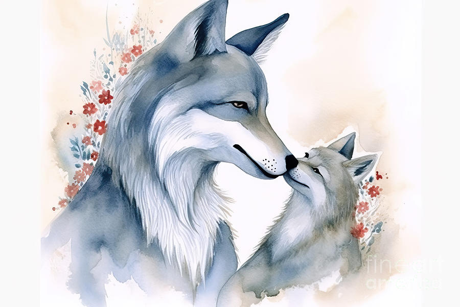 Mothers Day Painting - mother love. Mom wolf and little wolf hugs, watercolor illustrat by N Akkash