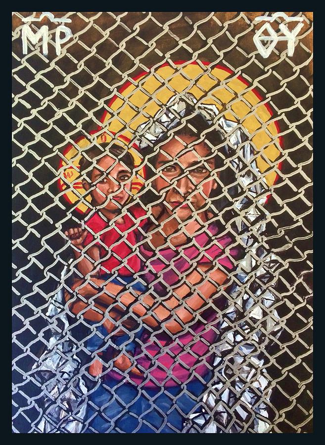 Chain-link Fence Painting - Mother of God Protectress of the Oppressed  by Kelly Latimore