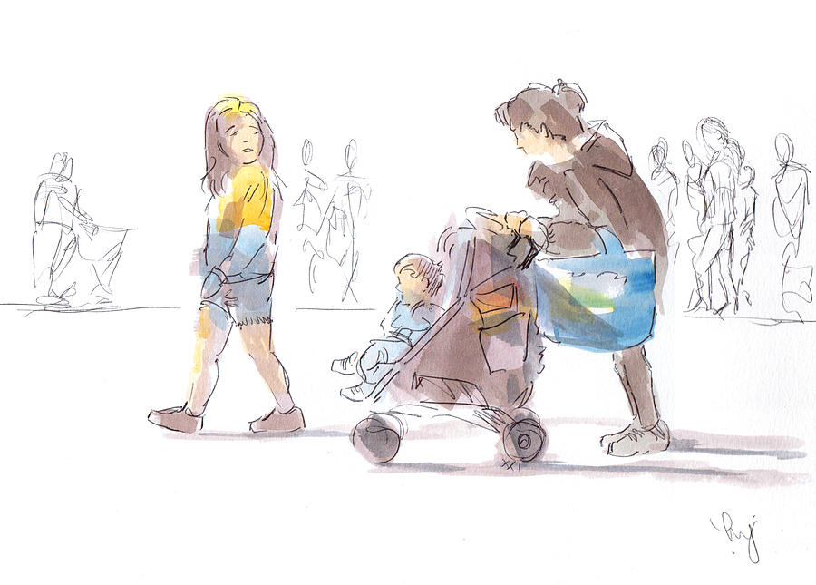 Mother shopping with children and pushchair Drawing by Mike Jory
