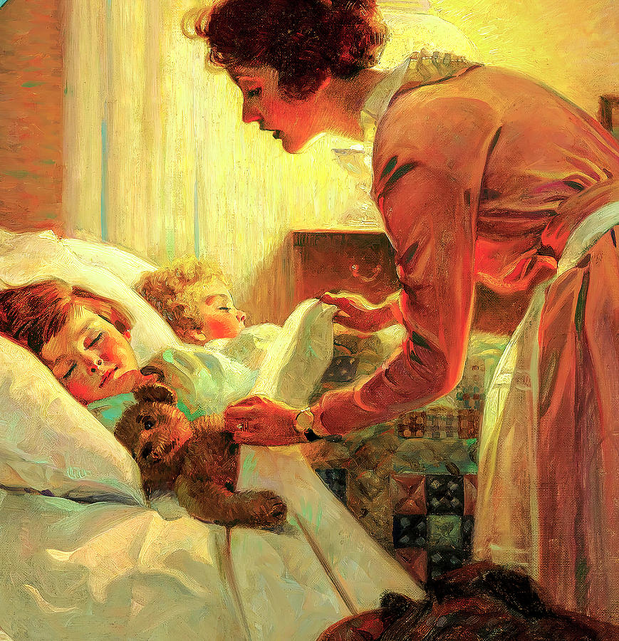 Mother Tucking Children into Bed Cropped Painting by Norman Rockwell