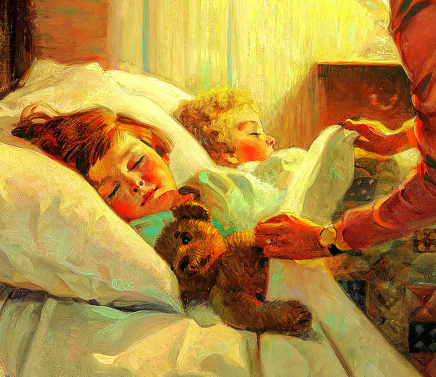 Mother Tucking Children into Bed Detail Painting by Norman Rockwell